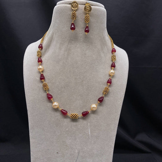 Gold & Maroon Coloured Pure Brass with Perals & Gold Plated Women Designer Beautiful Mala Set with Earrings!!