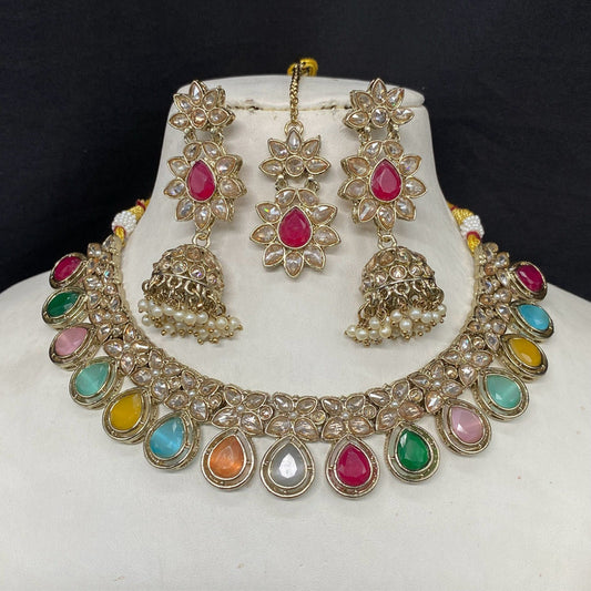 Multi Coloured Pure Reverse American Diamonds Mehendi Design with Real Kundan Stones Women Designer Choker with Jhumka Earrings Set & Matha Patti!!