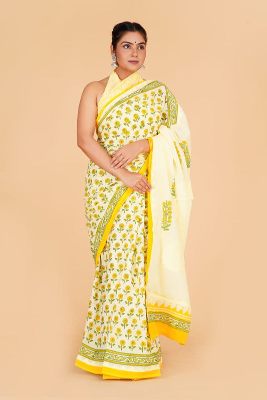 Lemon Yellow & Multi Coloured Pure Cotton with Beautiful Applique Hand Cut Work Women Party/Casual wear Hand Block Printed Cotton Saree with Blouse!!