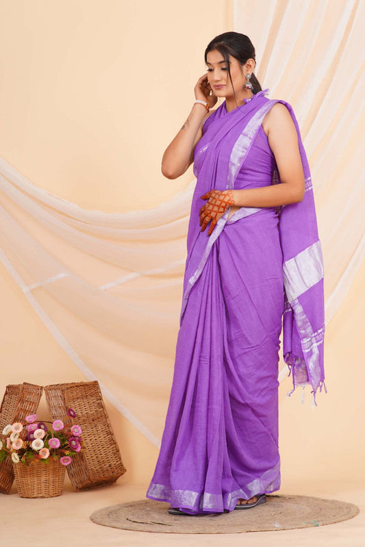 Purple Coloured Linen Cotton with Print & Zari Border Women Party/Casual Wear Plain Linen Cotton Saree with Blouse!!