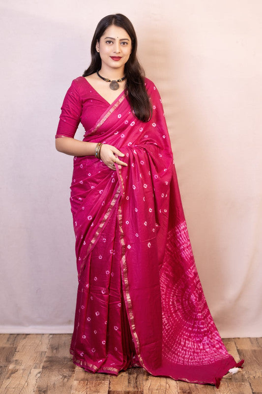 Rani Pink Coloured Chanderi Cotton with Bandhani Print & Big Tied Pallu Women Party/Festival wear Chanderi Cotton Saree with Aari Mirror Blouse!!