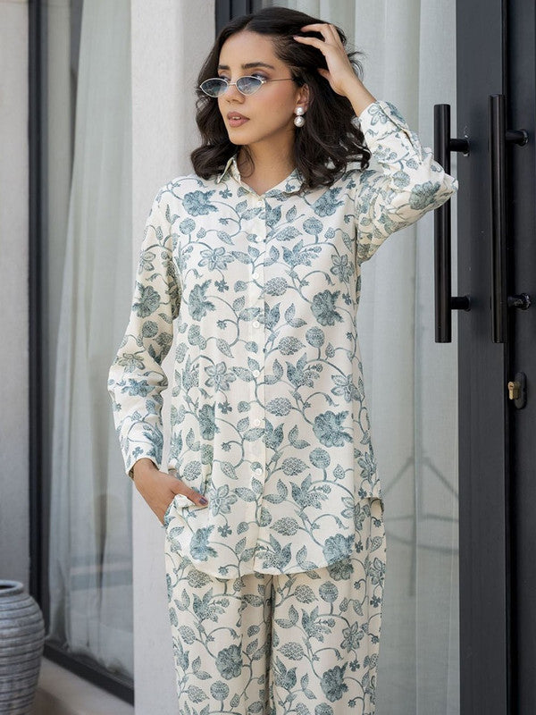 White & Green Coloured Pure Cotton with Floral Print Long Cuffed Sleeves Women Designer Party/Casual wear Shirt with Trousers Co-Ords Set!!