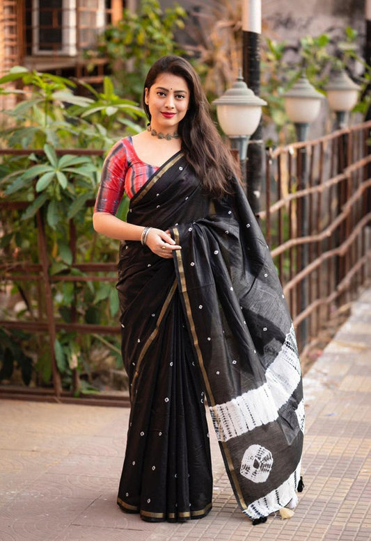 Black & Pink Coloured Soft Pure Chanderi Cotton with Bandhej & Shibori Block Print Women Ethnic/Party wear Cotton Saree with Blouse!!