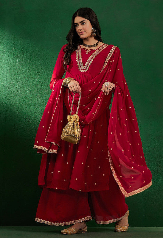 Red Coloured Georgette Zari Sequence Embroidered Women Designer Party/Casual wear Kurta with Palazzo & Dupatta Set!!