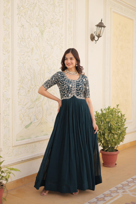 Rama Blue Coloured Faux Blooming with Thread & Sequence Embroidery Work Women Designer Party wear Long Gown!!