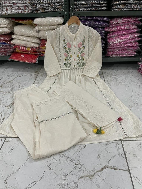 Off White Coloured Cotton Chikankari Embroidered with Self Zikzak( lapet ) & Shiffli Women Designer Party wear Kurta with Bottom & Stall Dupatta!!