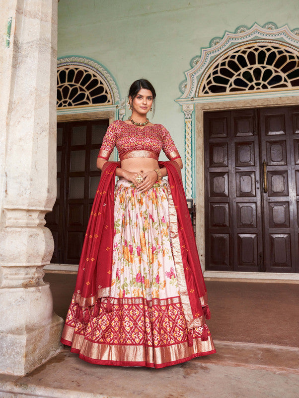 Red & Multi Coloured Tussar Silk Floral & Patola Print with Foil Work Woman Designer Party wear Lehenga Choli & Dupatta!!