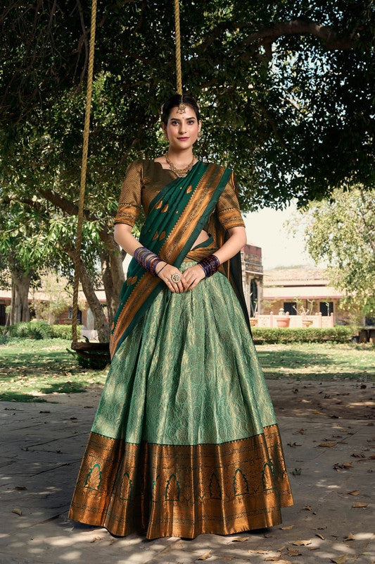 Green & Multi Coloured Jacquard Silk with Zari Weaving Work Women Ethnic Party wear Lehenga choli ( Half Saree) with Dupatta & Belt!!