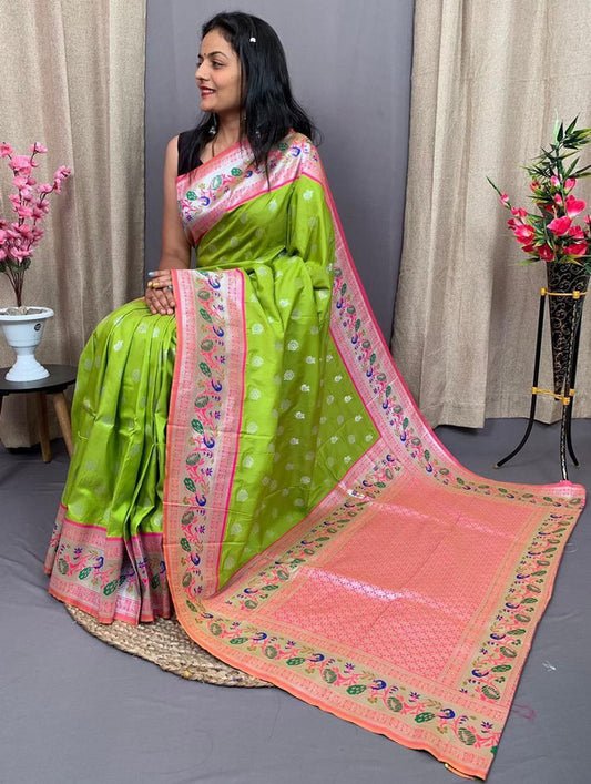 Parrot Green & Multi Coloured with Brocket, Peacock, Flower & Meena Zari weaving Women Designer Kanchipuram Paithani Silk Saree with Blouse!!