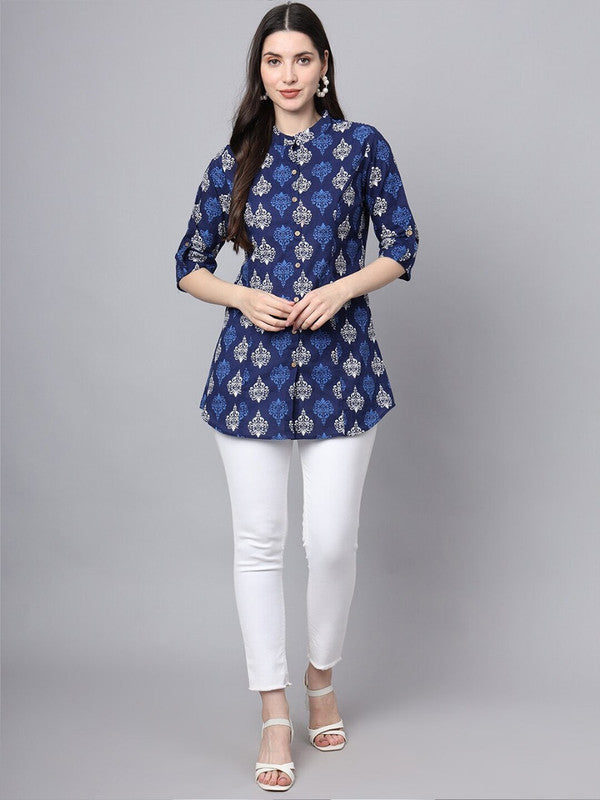 Blue Coloured Pure Cotton with Ethnic Motifs Printed Mandarin collar Three-quarter roll-up sleeves Women Casual/Daily wear Western Shirt Style Top!!