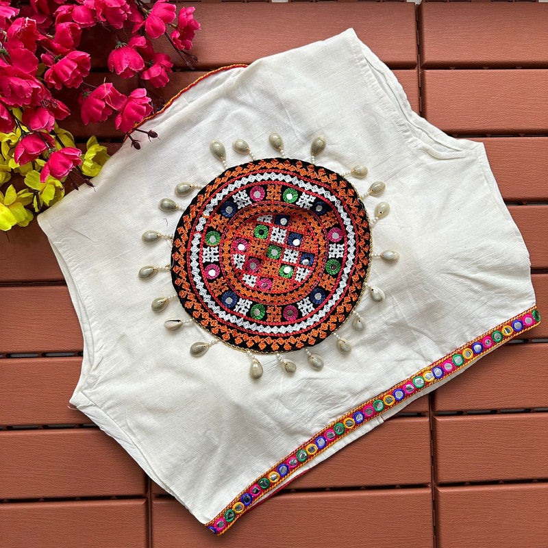 White & Multi Coloured Pure Khadi with Chain and Real Kodi Work Woman Designer Ethnic/Partywear Ready made Navratri specal Blouse - 40 Size Fits Up to 44 Inch!!