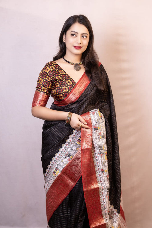 Black Coloured Soft Cotton with Madhubani Chex & Jacquard Border Women Party/Festival wear Soft Cotton Saree with Kalamkari Print Blouse!!