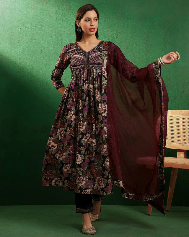 Black & Multi Coloured Chanderi Mirror Work Thread Embroidered Floral Foil Printed Women Designer Party/Casual wear Alia Cut Kurta with Pant & Dupatta Set!!