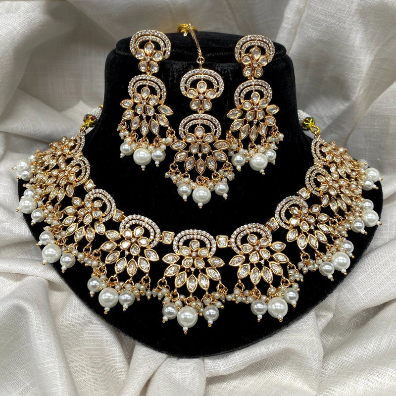 Gold & White Coloured Pure Brass and Copper with Reverse American Diamond Stones Women Designer Gold Plated Necklace with Earrings Set & Mataha Patti!!