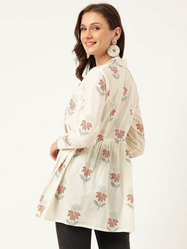 Cream Coloured Pure Cotton with Floral Printed Round neck, long, regular sleeves Women Party/Daily wear Western Longline Empire Top!!