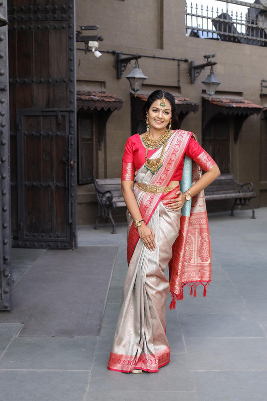 Silver & Red Coloured Pure Soft silk with Exclusive Zari border Women Party/Festival Wear Soft silk Saree with Blouse!!