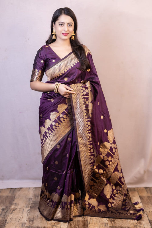 Wine Coloured with Zari Woven Women Ethnic/Festival wear Banarasi Tree Design Soft Silk Saree with Zari Woven Blouse!!