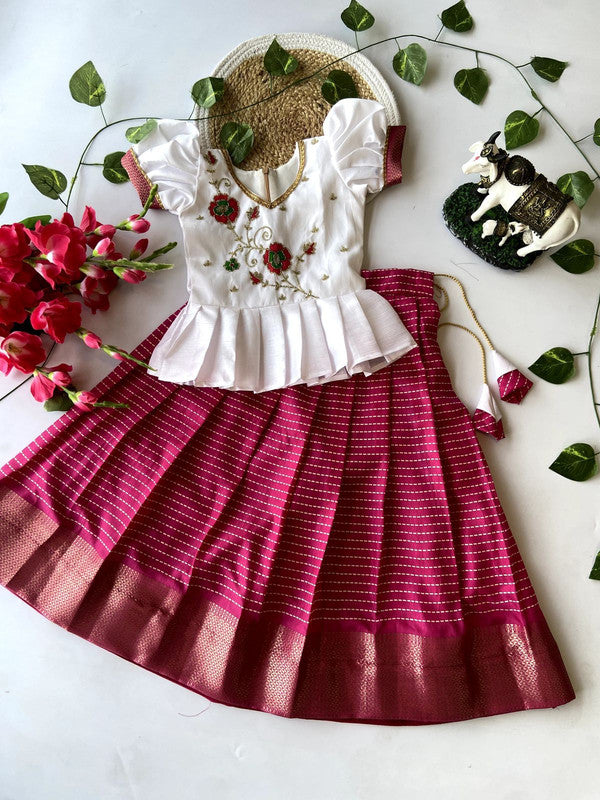 Dark Pink & White Coloured Heavy Pure Dola Silk with Weaving Pattu Border & Tassels and Canvas Designer Girls Kids Designer Ethnic wear Pattu Paavadai & Sattai Dress!!