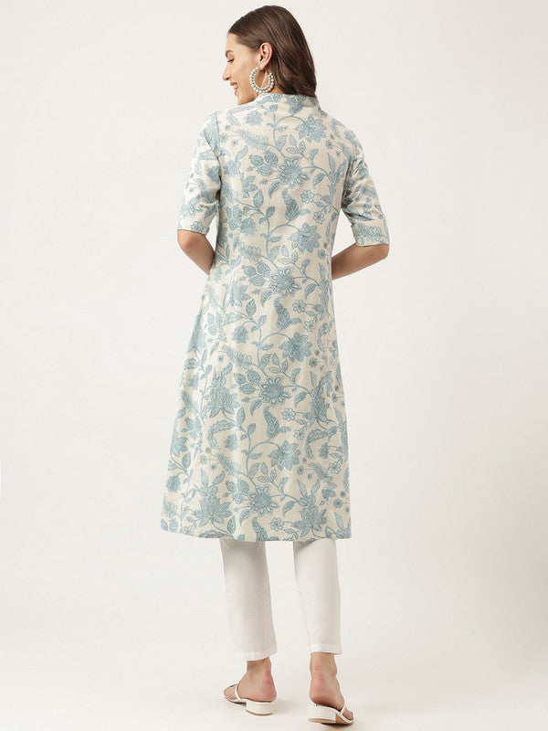 Beige & Turquoise Blue Coloured Pure Cotton with Floral printed, Mandarin collar Women Designer Party/Casual wear A- line Kurta!!