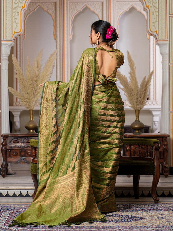 Parrot Green Coloured with Rich Pallu Dual Tone Tassels, Zari & Sequence Work Women Ethnic/Festival wear Organza Silk Saree with Brocade Blouse!!