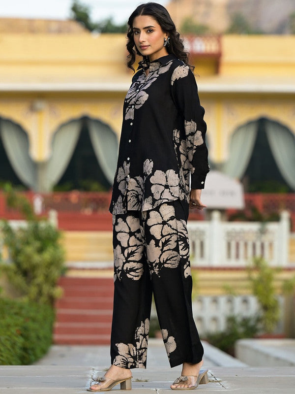 Black & Beige Coloured Muslin Floral Hand Printed Shirt collar Long sleeves Women Designer Party/Casual wear Shirt with Trousers Co-ords Set!!