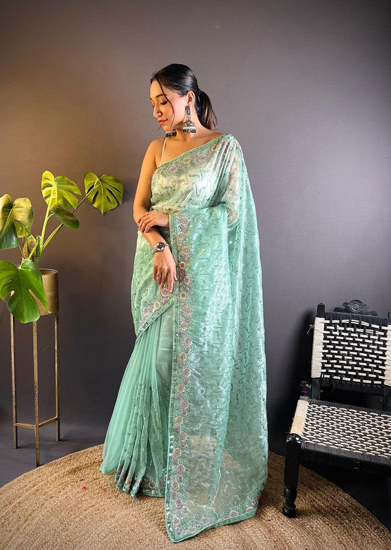 Light Green Coloured Twill Net with Thread & 3mm & 5mm Sequence Embroidery Work Women Fancy/Party Wear Saree with Blouse!!