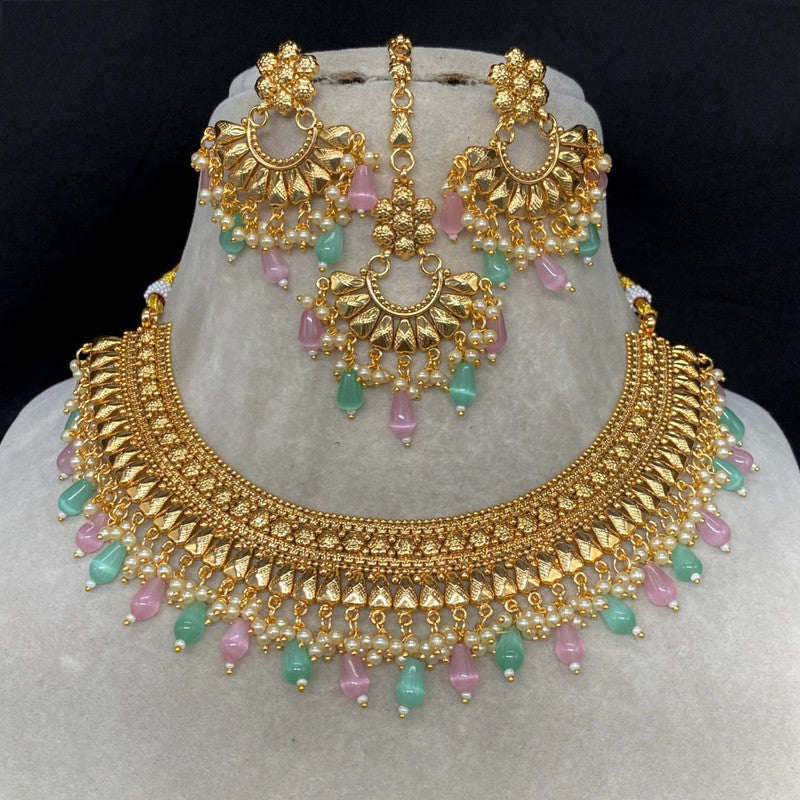 Gold & Multi Coloured Pure Brass and Copper with Real Kundan Women Designer Gold Plated Necklace with Earrings Set & Matha Patti!!