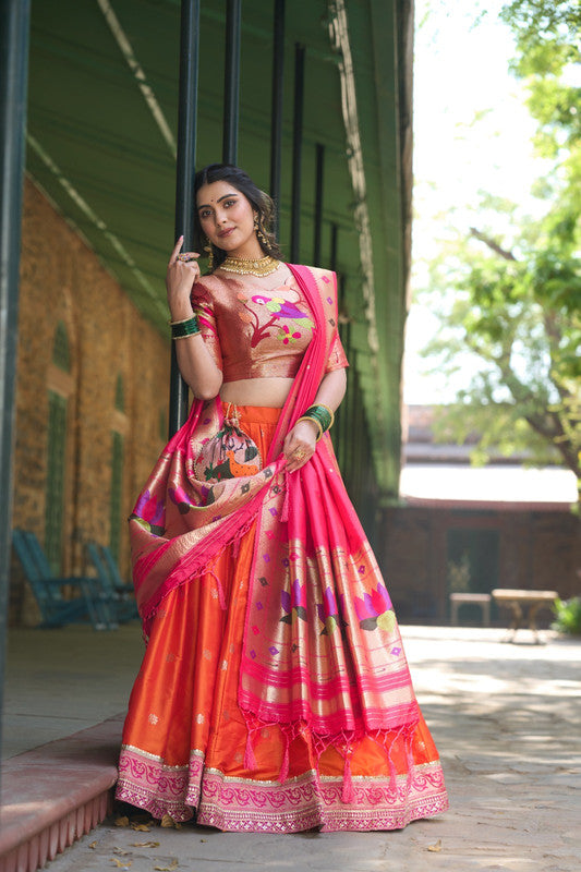 Orange with Dark Pink & Multi Coloured Jacquard Paithani Silk with Weaving Zari work Women Ethnic Festival/Bridal wear Lehenga Choli with Dupatta & Batwa!!