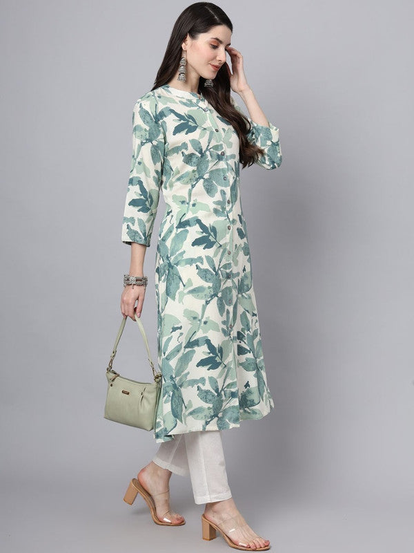 Green Coloured Viscose Rayon with Floral, printed V-neck Three-quarter, roll-up sleeves Women Designer Party/Casual wear A-line shape!!