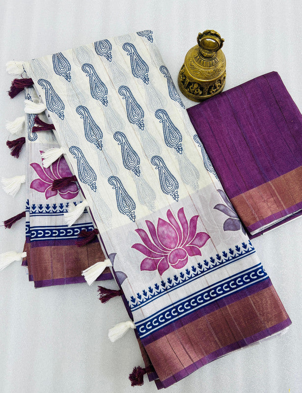 White & Wine Coloured Handloom Weaving with Gold jari border & Digital Print Women Party/Casual wear Cotton Saree with Blouse!!