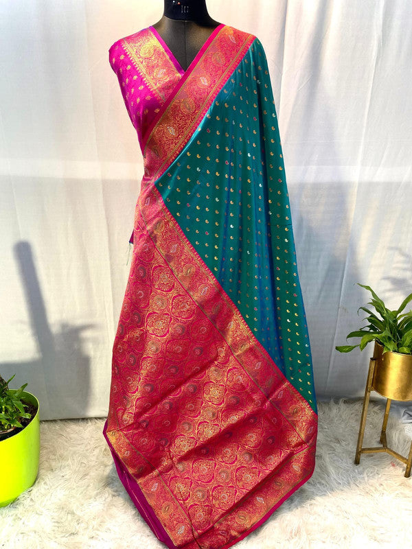 Rama Blue with Rani Pink & Red Coloured Soft Paithani silk with Weaving Border & Rich Pallu Women Festival/ Party wear Silk Saree with Blouse!!