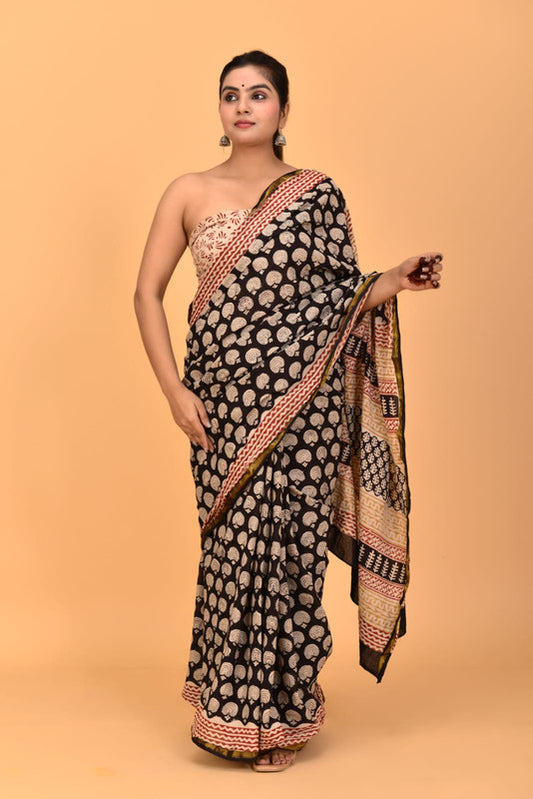 Black & Beige Coloured Pure Cotton with Jari Border & Hand Block Printed Women Party/Casual wear Cotton Saree with Blouse!!