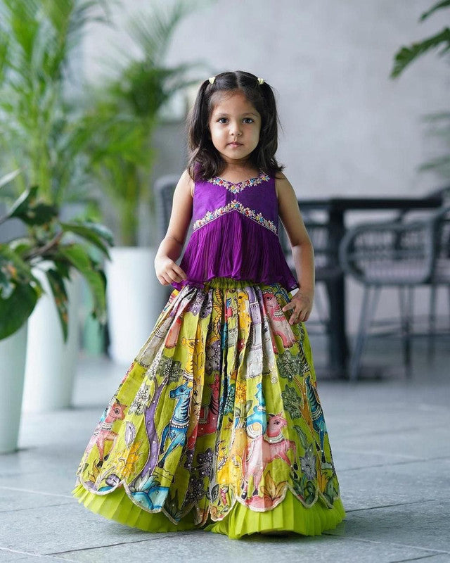 Purple with Parrot Green & Multi Coloured Chinon Silk with Hevy Sequins Embroidered & Crush Work Girls Kids Festival Designer Ethnic Lahenga with Blouse!!