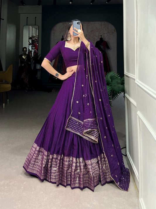 Purple Coloured Pure Chanderi with Plain & Intricate Zari Work Border Women Ethnic Festival wear Lehenga Choli & Dupatta!!