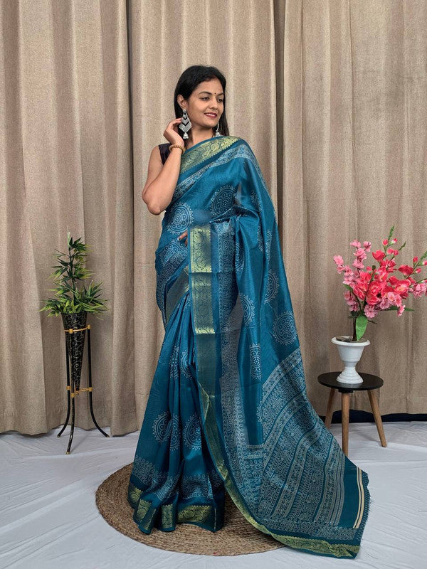 Rama Blue & Multi Coloured with Golden Zari & Zig Zag Border Women Designer Soft Tusser Silk Saree with Contrast Blouse!!