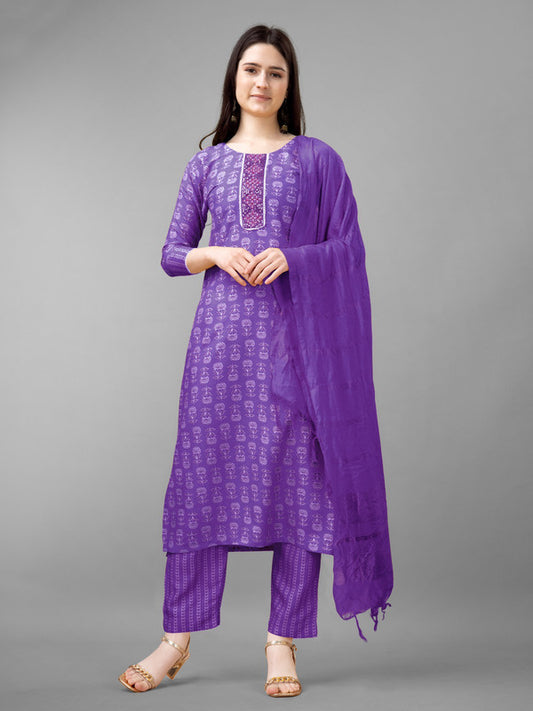 Purple Coloured Rayon with Print & Embroidery Lace work Women Designer Party wear Kurta with Pant & Silk Blend Dupatta!!
