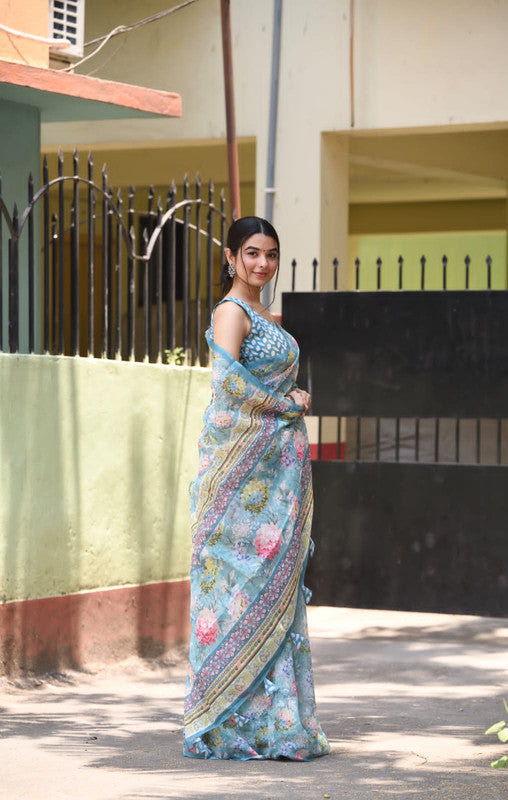 Sky Blue & Multi Coloured Heavy Linen with Beautiful Digital Print Women Party/Casual wear Cotton Saree with Running Blouse!!