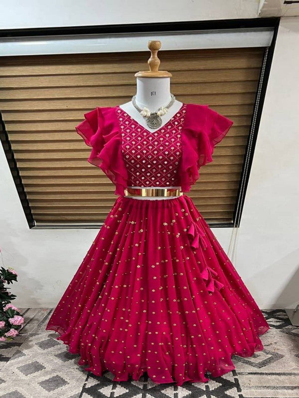 Dark Pink Coloured Heavy Faux Georgette with Miror, Embroidery Sequence and Moti Work Designer Girls Kids Designer Ethnic wear Frill Ghagra Choli set!!