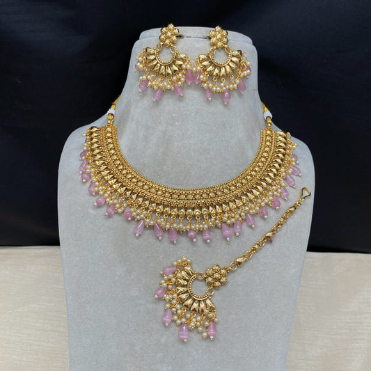 Gold & Light Pink Coloured Pure Brass and Copper with Real Kundan Women Designer Gold Plated Necklace with Earrings Set & Matha Patti!!