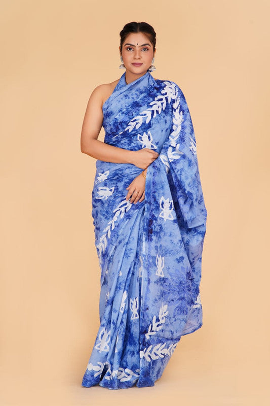 Blue with White Coloured Pure Cotton with Beautiful Applique Hand Cut Work Women Party/Casual wear Hand Block Printed Cotton Saree with Blouse!!