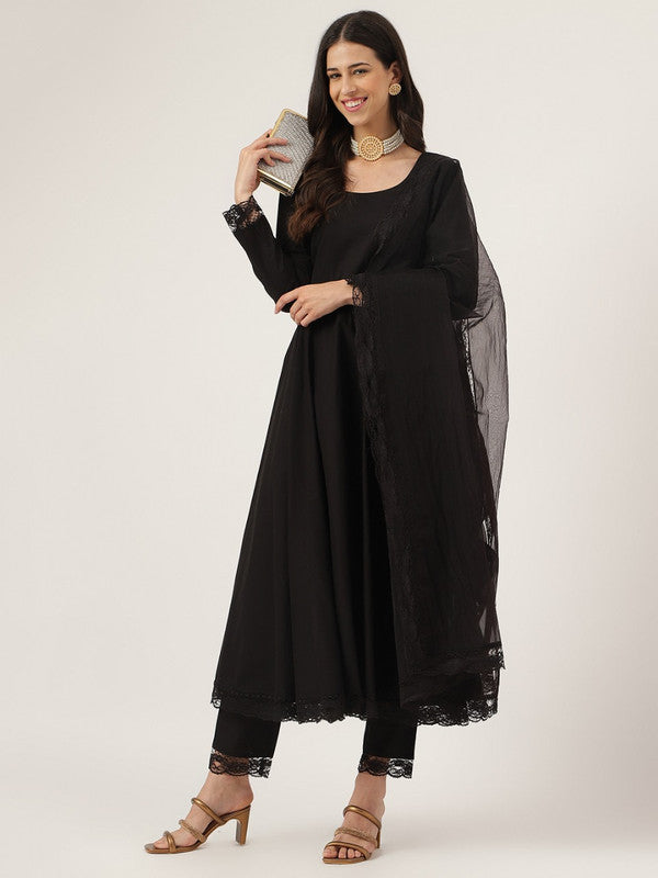 Black Coloured Cotton Solid Empire style Round neck, long regular sleeves Women Designer Party/Casual wear Anarkali Kurta with Trousers & Dupatta!!