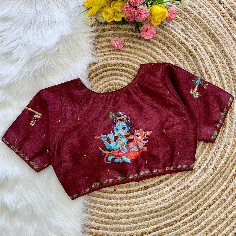 Maroon Coloured Pure silk with Antique Handcrafted Work & Sri Krishna Print Woman Designer Ethnic/Partywear Ready made Blouse - 38 Size Fits Up to 42 Inch!!