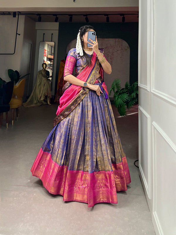 Dark Blue & Dark Pink Coloured Kanjivaram with Zari Weaving Work Women Ethnic Party wear Lehenga choli ( Half Saree) & Dupatta!!