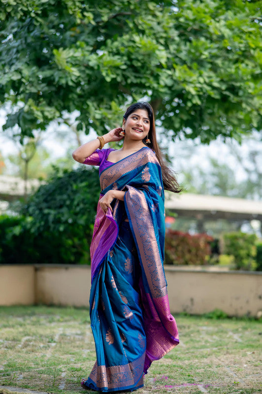 Blue with Purple Coloured Soft Banarasi Katan Silk with Zari Woven & Rich Pallu Women Ethnic/Festival wear Soft Silk Saree with Blouse!!