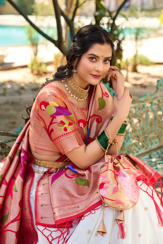 White & Multi Coloured Jacquard Paithani Silk with Weaving Zari work Women Ethnic Festival/Bridal wear Lehenga Choli with Dupatta & Batwa!!