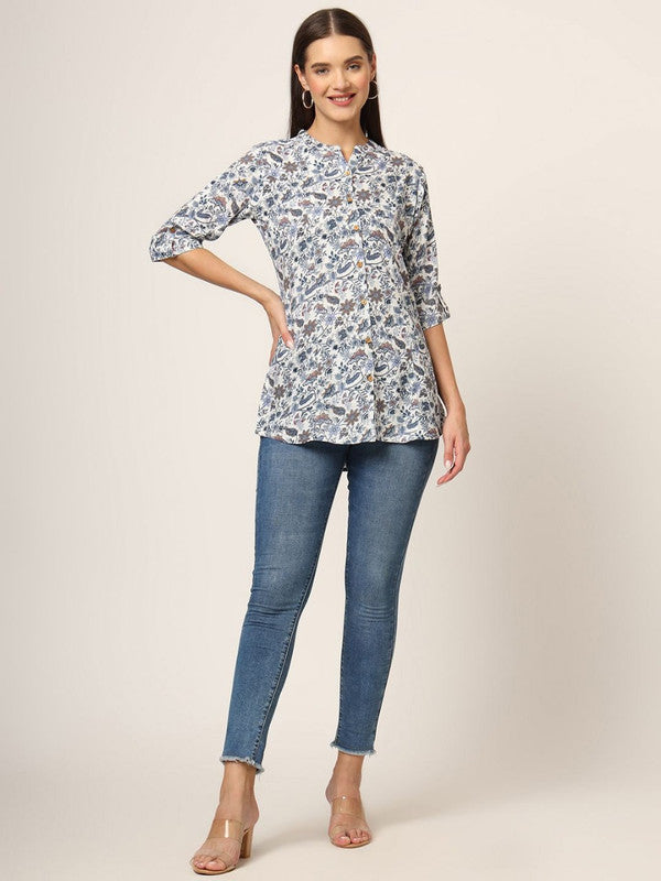 Blue & Multi Coloured Rayon with Floral print Mandarin collar Three-quarter sleeves Women Party/Daily wear Western Shirt Style Top!!