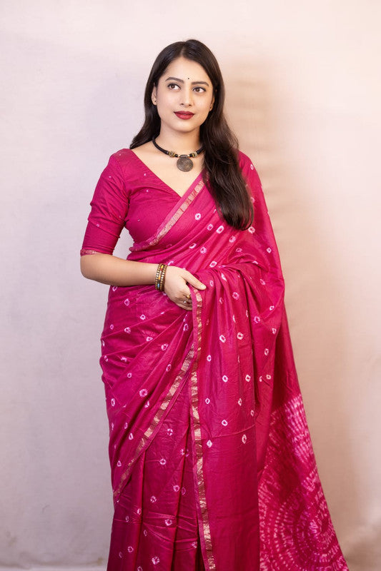 Rani Pink Coloured Chanderi Cotton with Bandhani Print & Big Tied Pallu Women Party/Festival wear Chanderi Cotton Saree with Aari Mirror Blouse!!