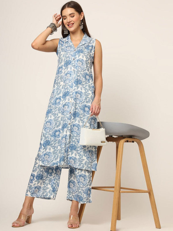 Blue Coloured Viscose rayon with Floral printed Shirt Collar Sleeveless Women Designer Party/Casual wear Straight Shape Kurta with Trousers!!