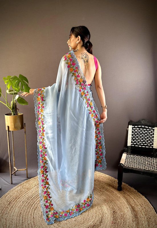 Sky Blue Coloured Crunchy with Thread & Malti Color Embroidery Work with Cutwork Border Women Party/casual wear Fancy Saree with Blouse!!