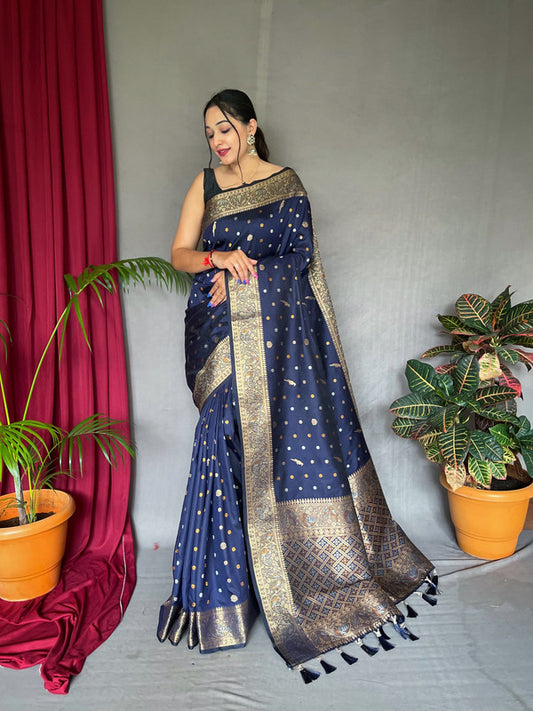Navy Blue & Multi Coloured with Copper & Golden Zari & Beautiful Motifs, Rich Pallu Women Designer Soft Silk Saree with Blouse!!